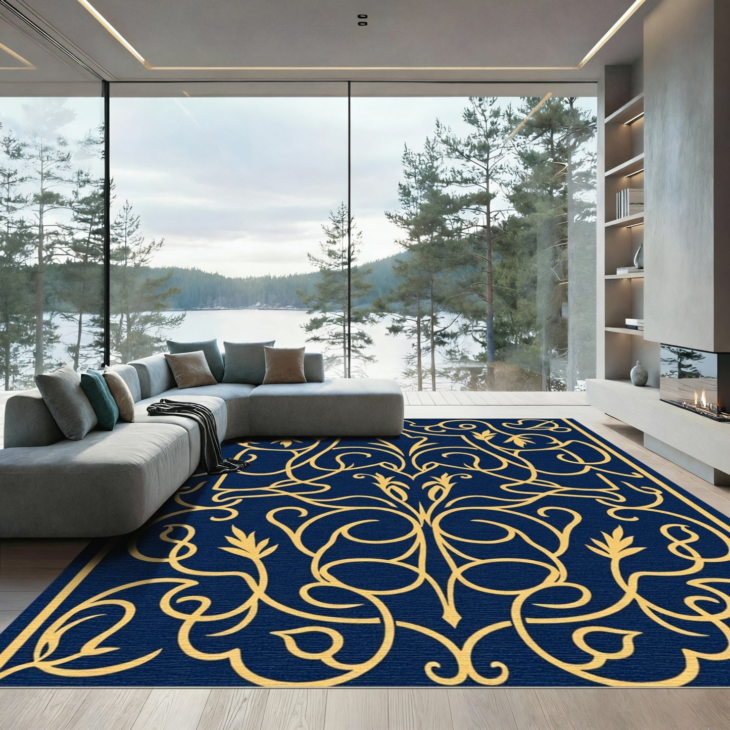 Classic Blue Gold Vine Scroll Rug