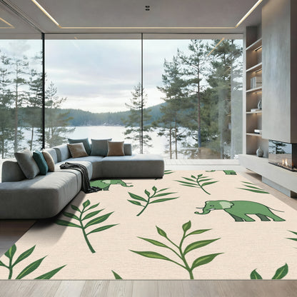 Green Elephants and Leafy Branches Rug