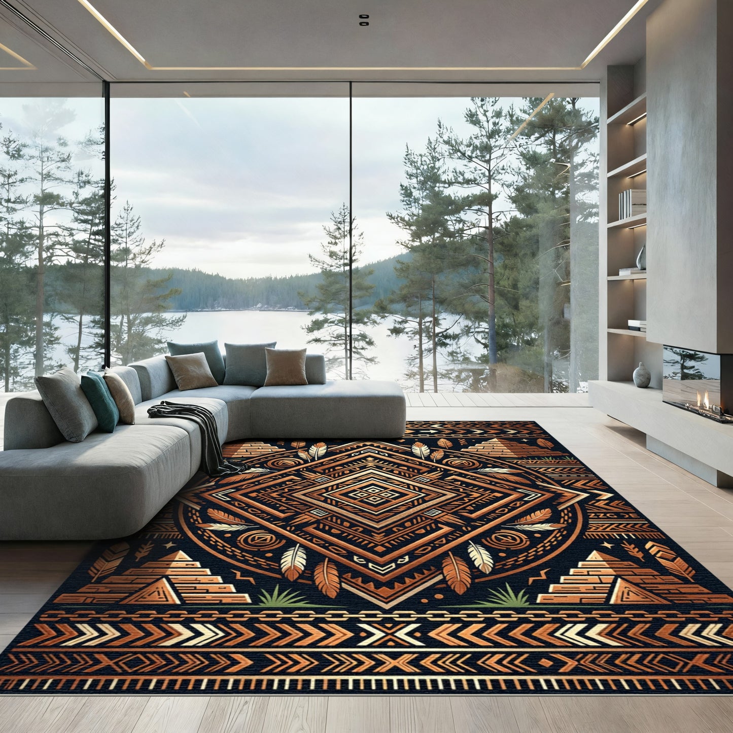 Bronze Aztec Pyramid Geometric Medallion Rug