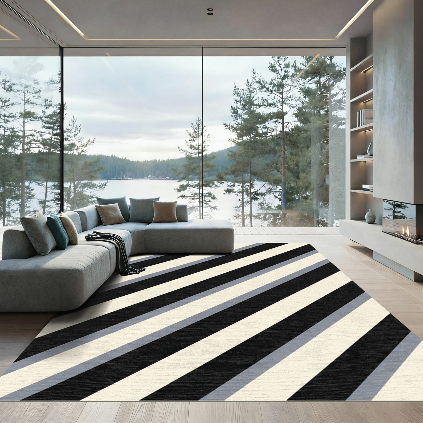 Classic Black Cream Gray Diagonal Stripes Rug