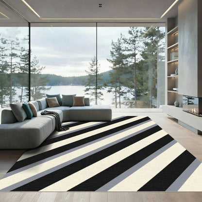 Classic Black Cream Gray Diagonal Stripes Rug