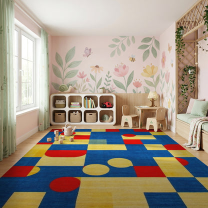 Bold Red Yellow Blue Geometric Shapes Rug