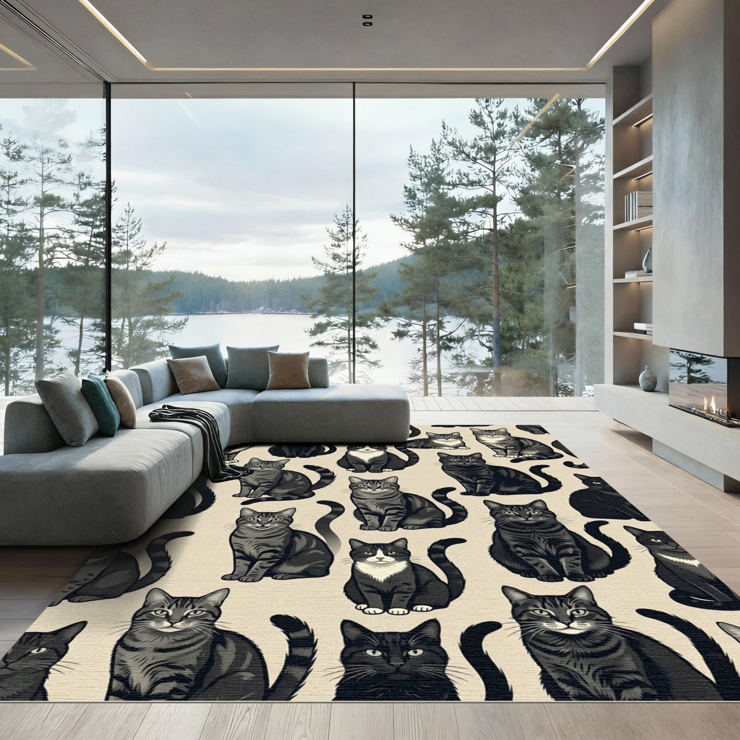 Whimsical Charcoal Tabby Cat Illustration Rug