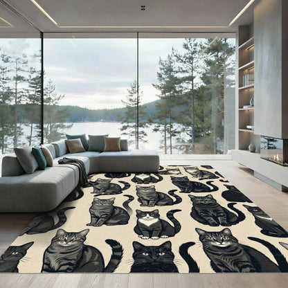 Whimsical Charcoal Tabby Cat Illustration Rug