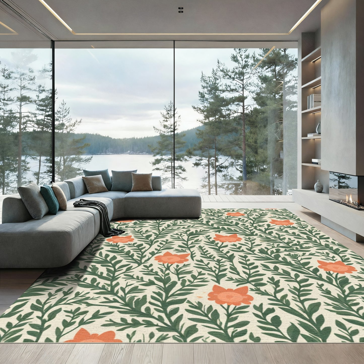 Coral Blossom Vines Cream Rug