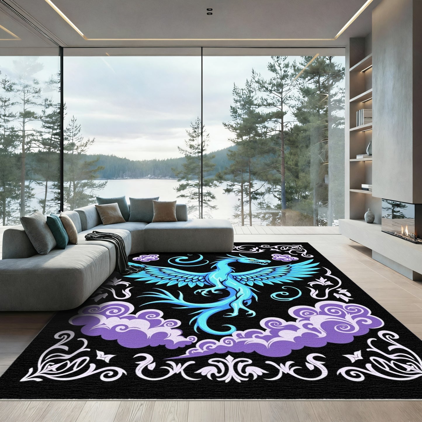 Azure Dragon Among Swirling Clouds Rug