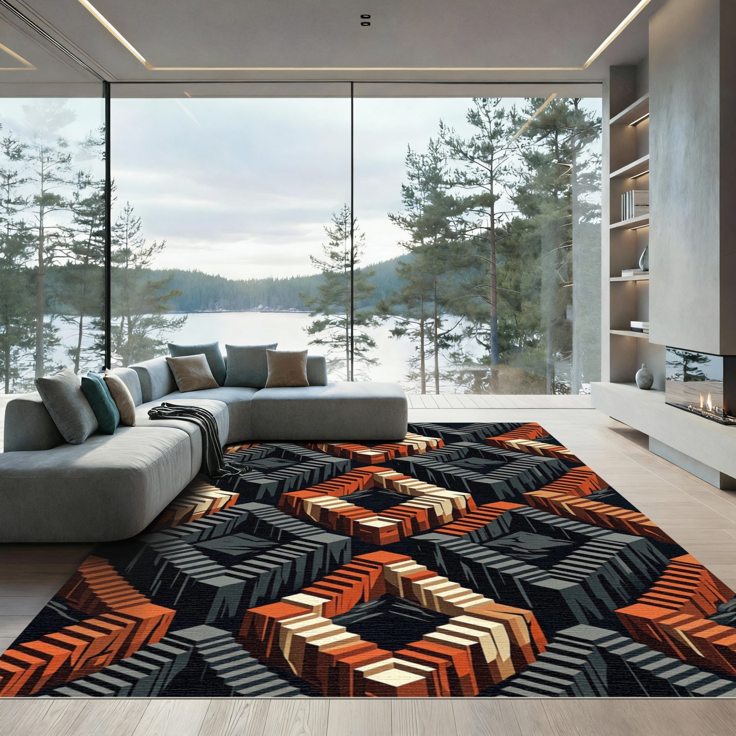 Isometric Orange Gray Cubic Maze Rug