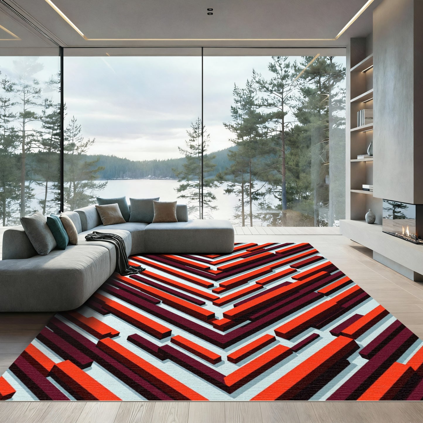 Crimson Maroon Angled Chevron Lines Rug