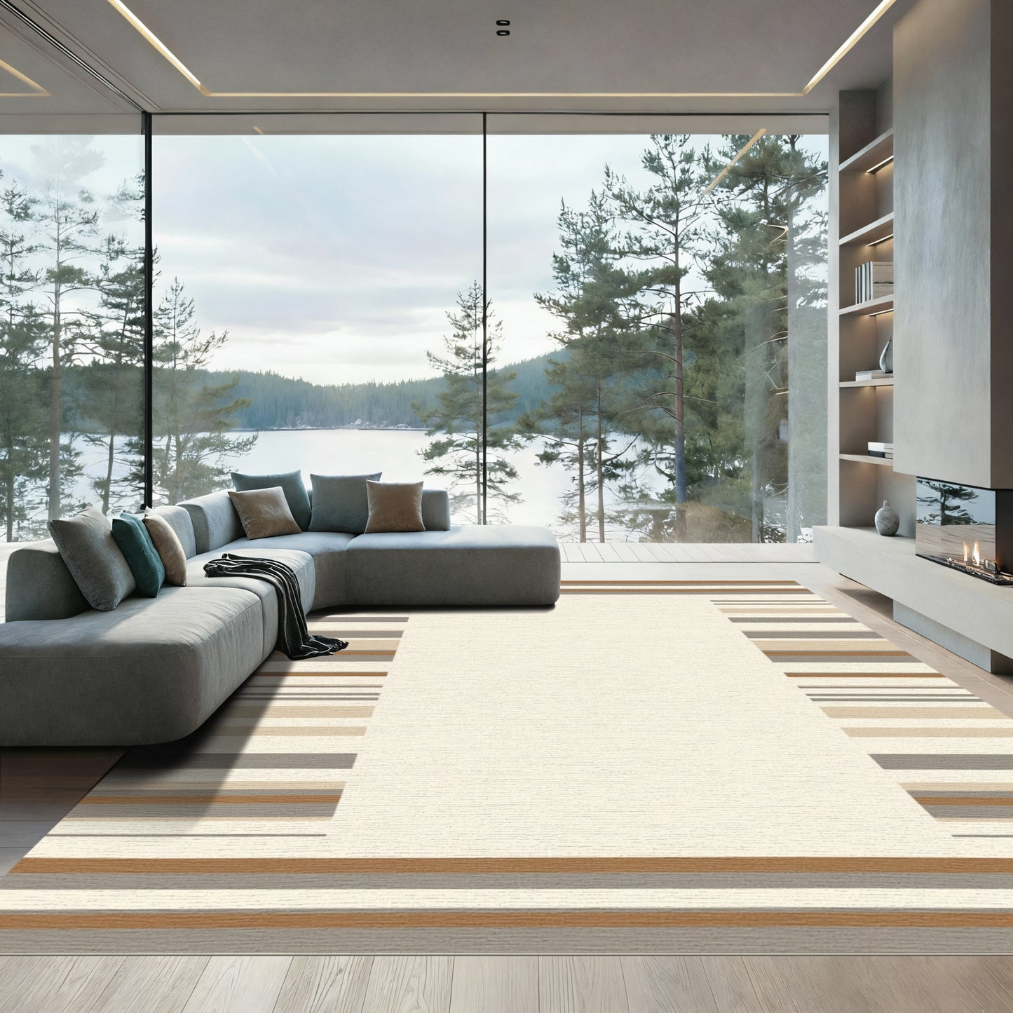 Neutral Earth Tones Striped Border Rug