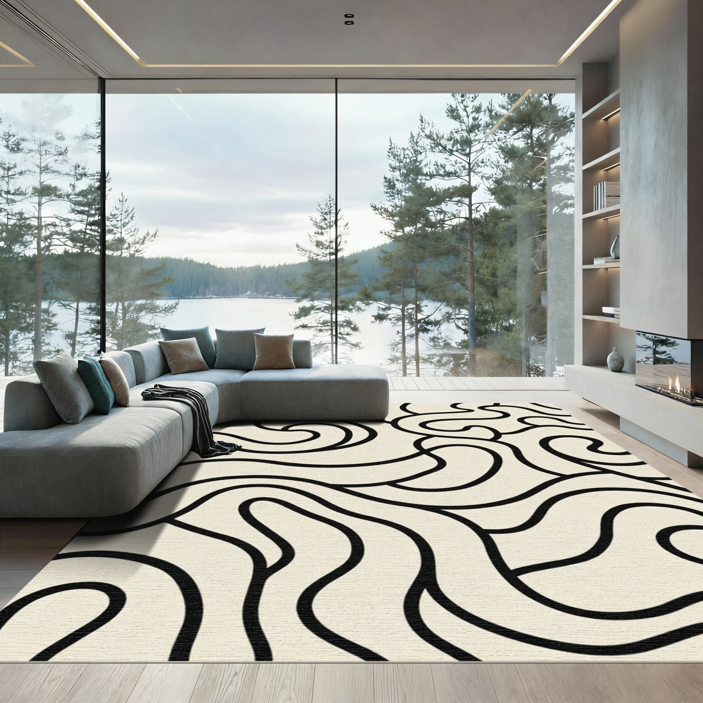 Cream Black Intertwined Swirls Rug