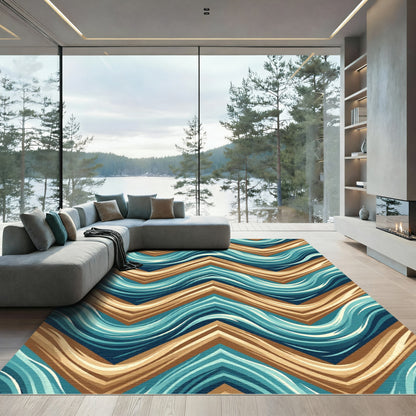 Modern Teal and Tan Chevron Wave Rug