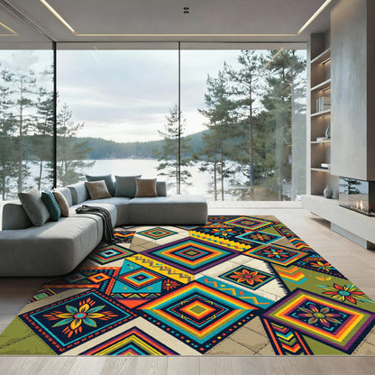 Vibrant Geometric Square Floral Fiesta Rug