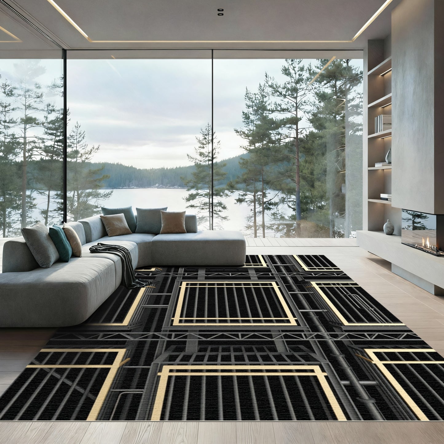 Industrial Gold Grid Structure Rug