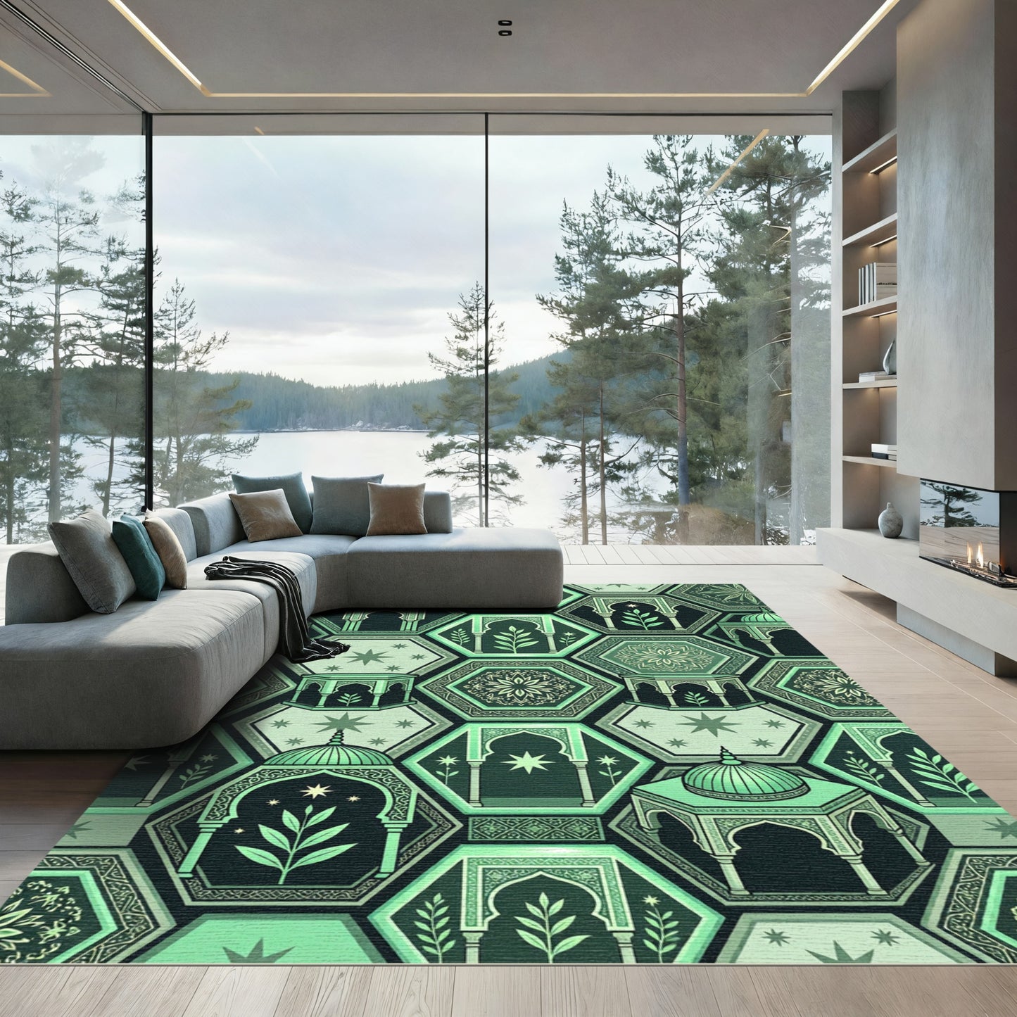 Teal Geometric Arabesque Medallion Hexagons Rug