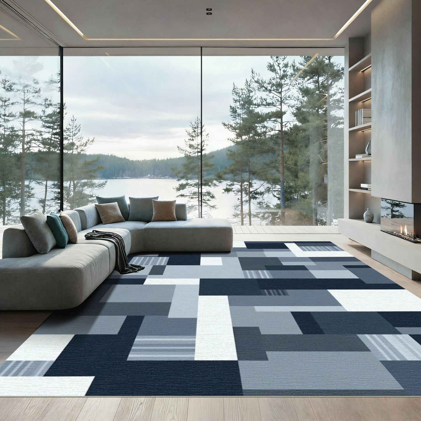 Modern Navy Blue Geometric Blocks Rug