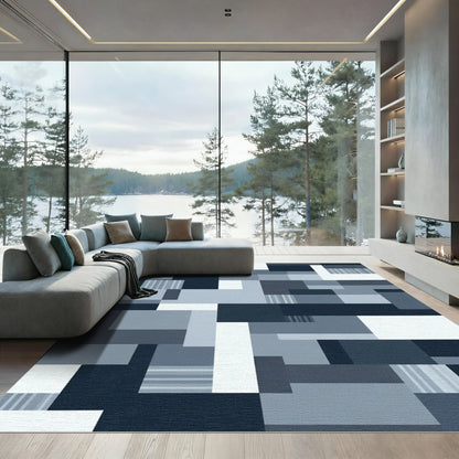 Modern Navy Blue Geometric Blocks Rug