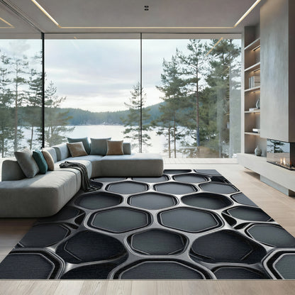 Modern Metallic Silver Geometric Honeycomb Rug