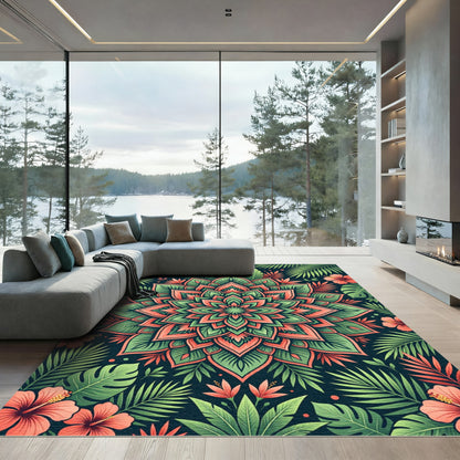 Lush Tropical Jungle Hibiscus Mandala Rug