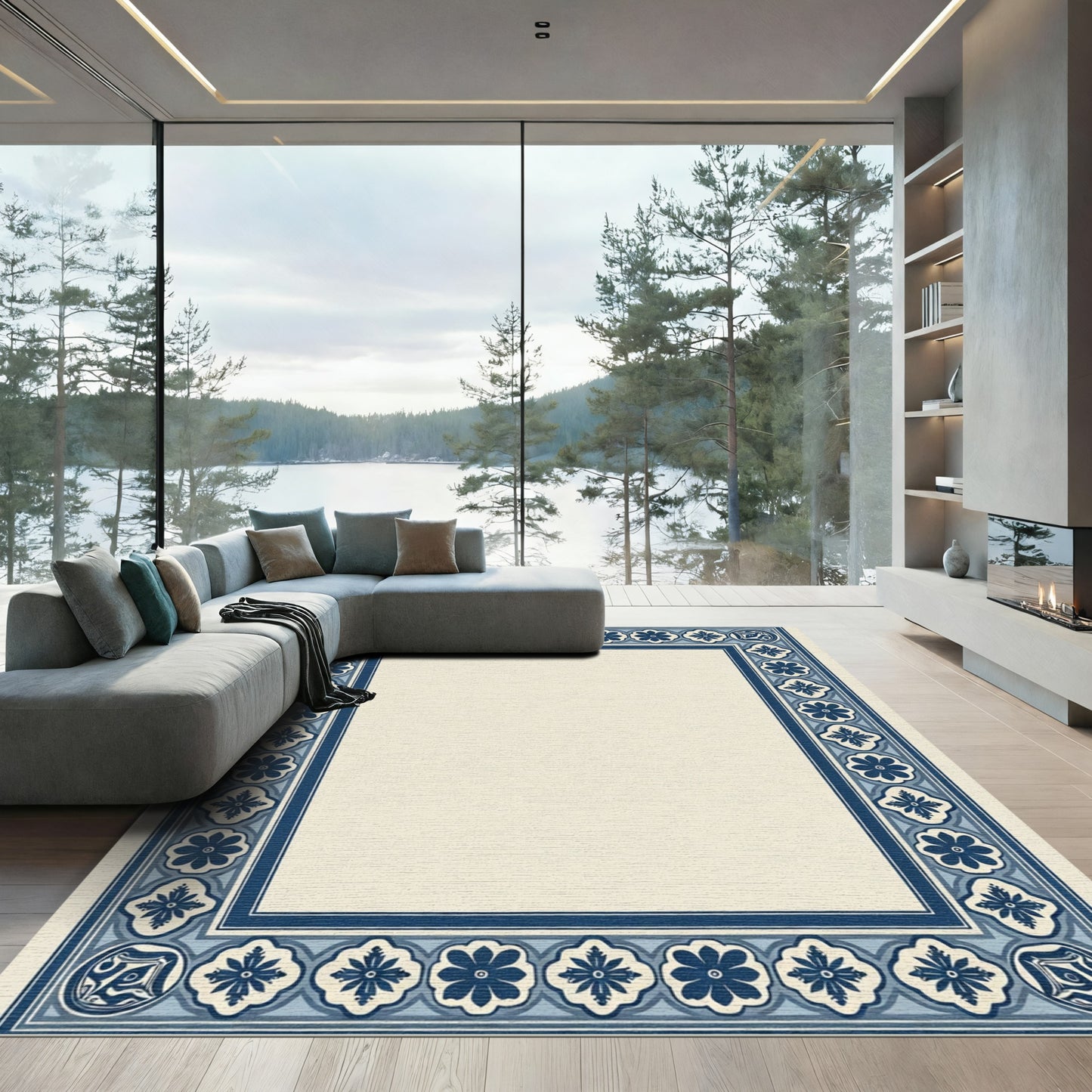 Blue Vintage Floral Medallion Tile Rug