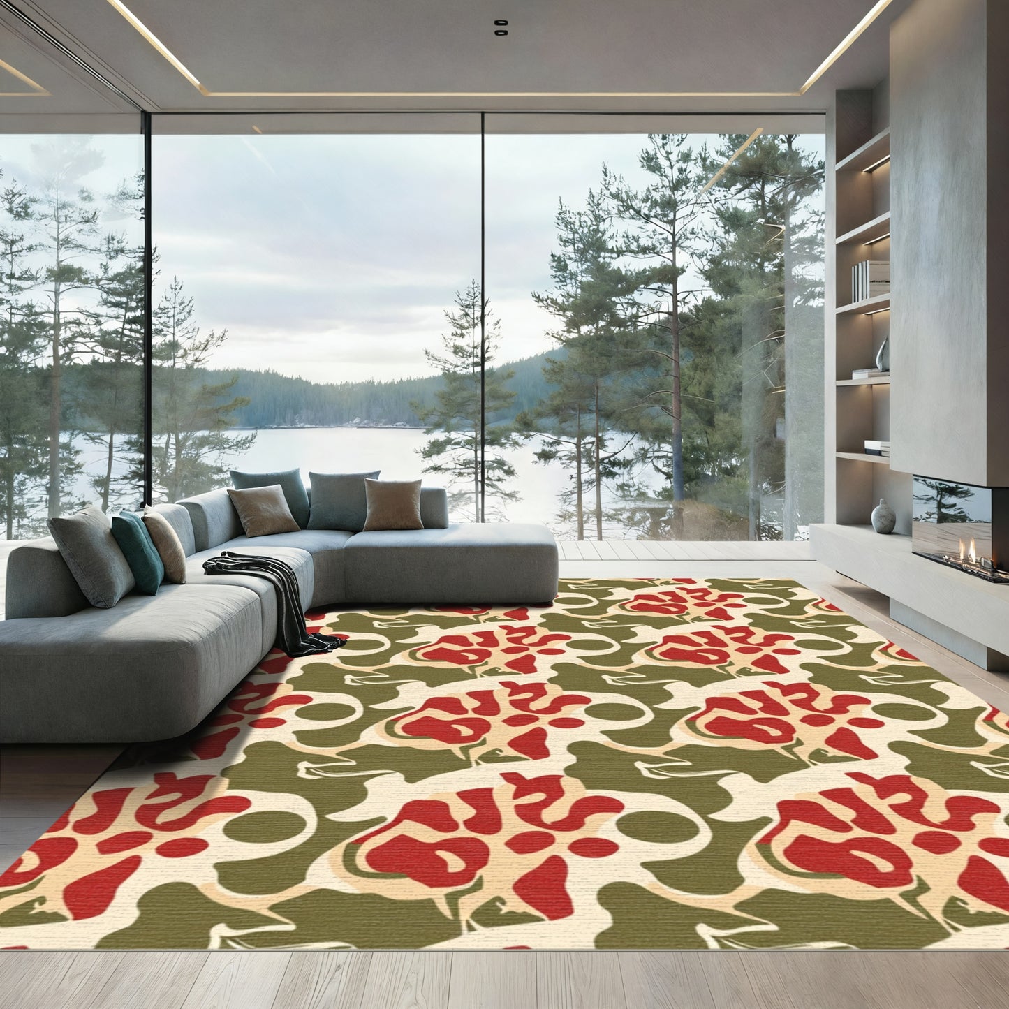 Cream Red Abstract Organic Flow Rug