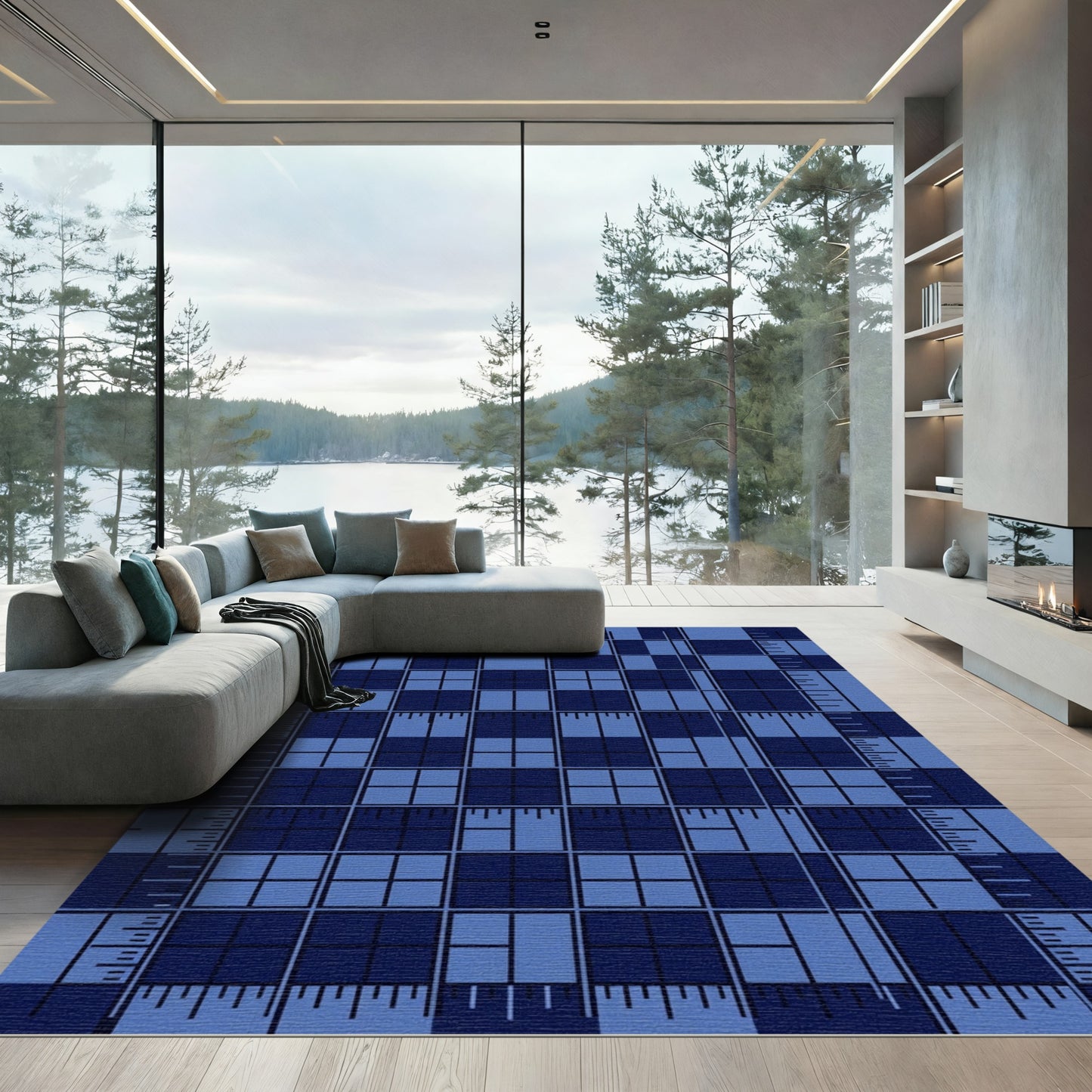Deep Blue Ruler Grid Composition Rug