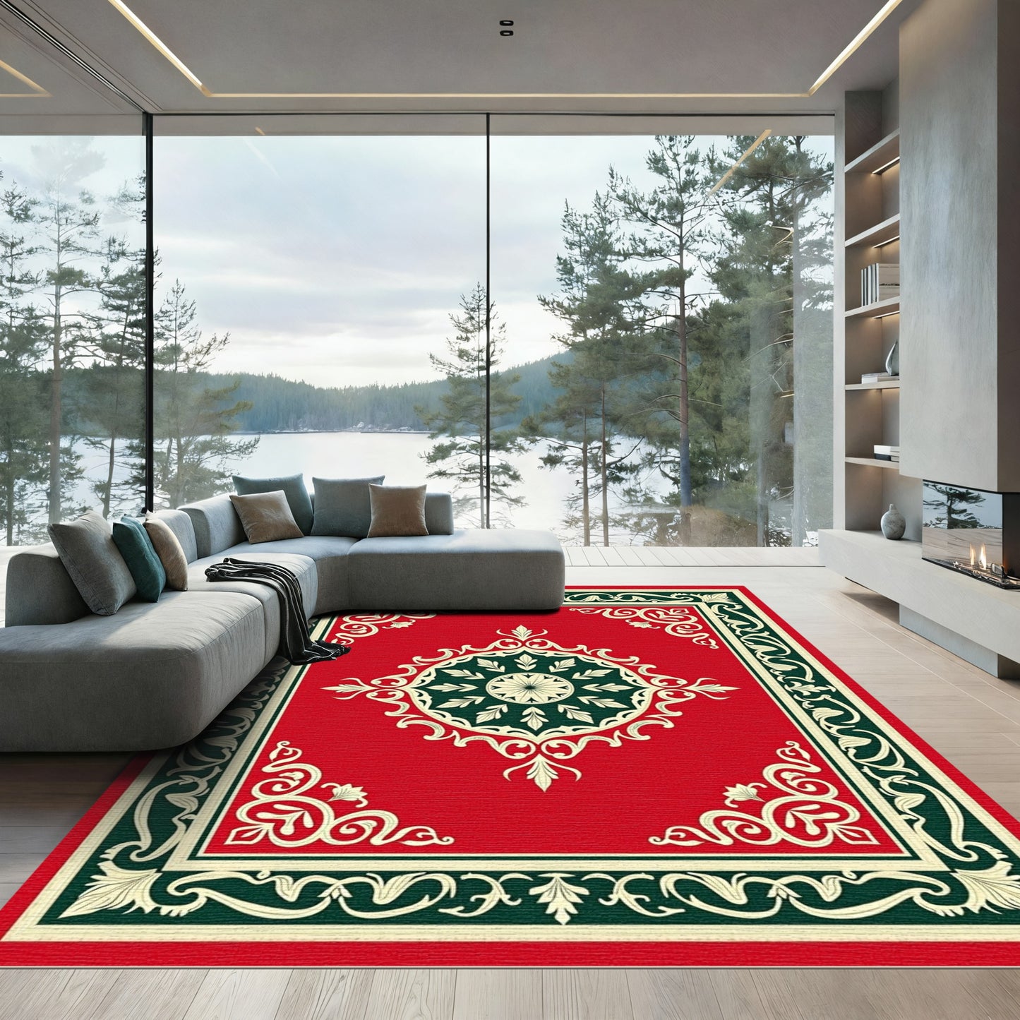 Rich Red Floral Medallion Border Rug