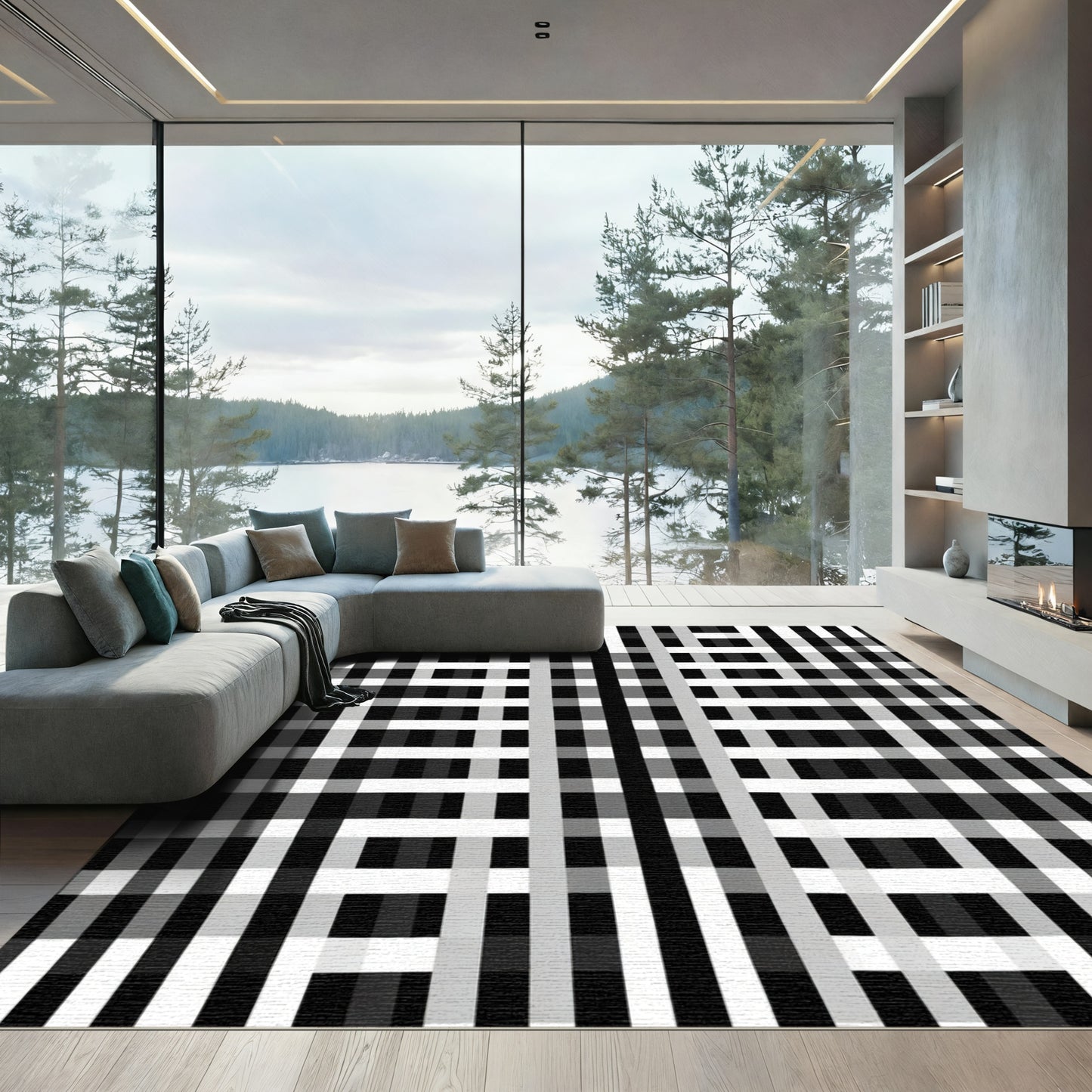 Monochrome Gingham Plaid Grid Rug