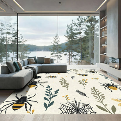 Yellow Black Bee Foliage Spiderweb Cream Rug