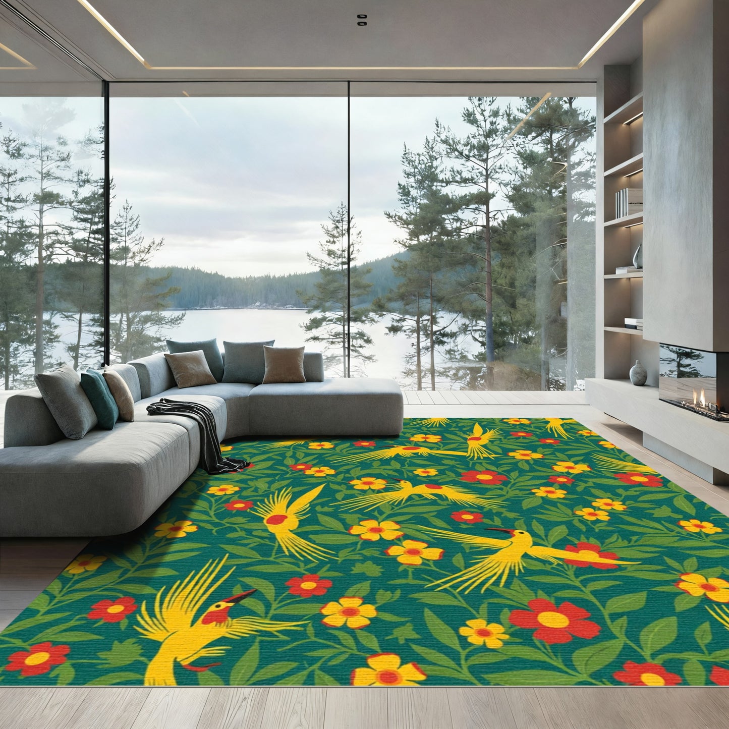 Emerald Green Tropical Bird Garden Rug