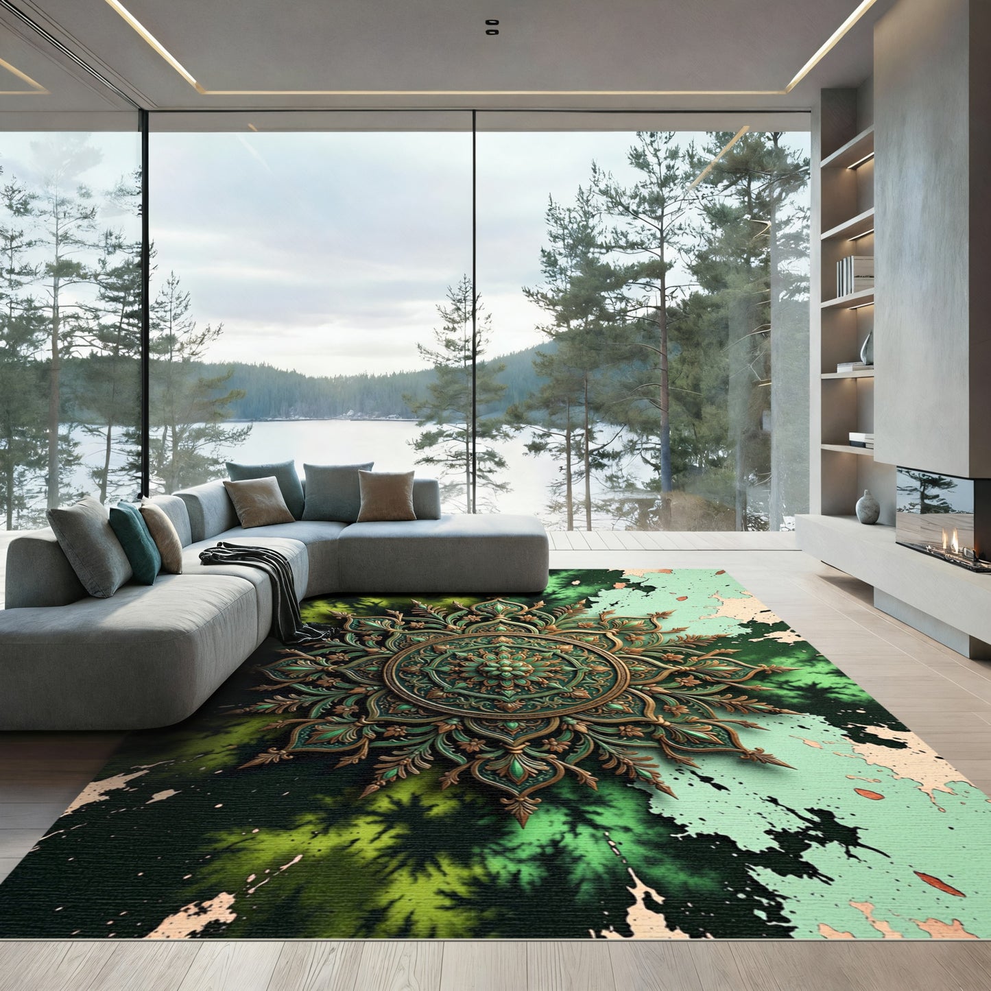 Ethereal Emerald Golden Ornate Mandala Rug