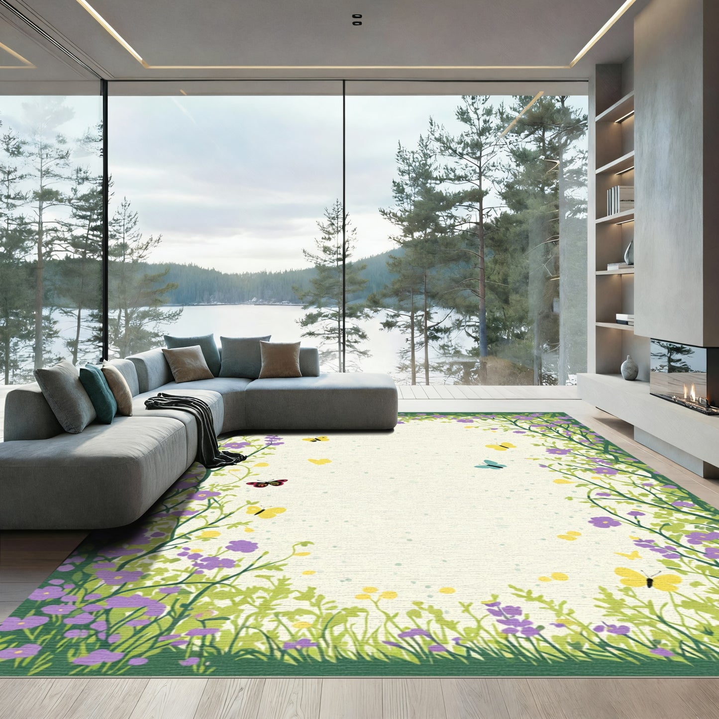 Whimsical Purple Floral Butterfly Garden Rug