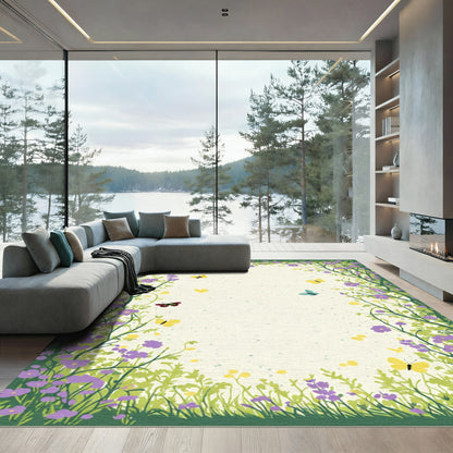 Whimsical Purple Floral Butterfly Garden Rug