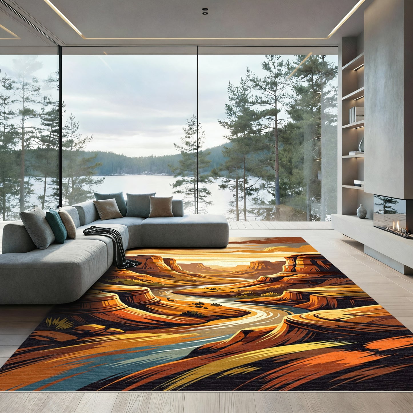 Golden Canyon River Landscape Runner Rug