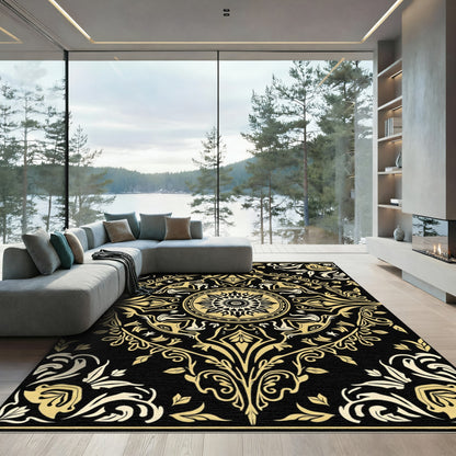 Black Gold Ornamental Medallion Swirl Rug