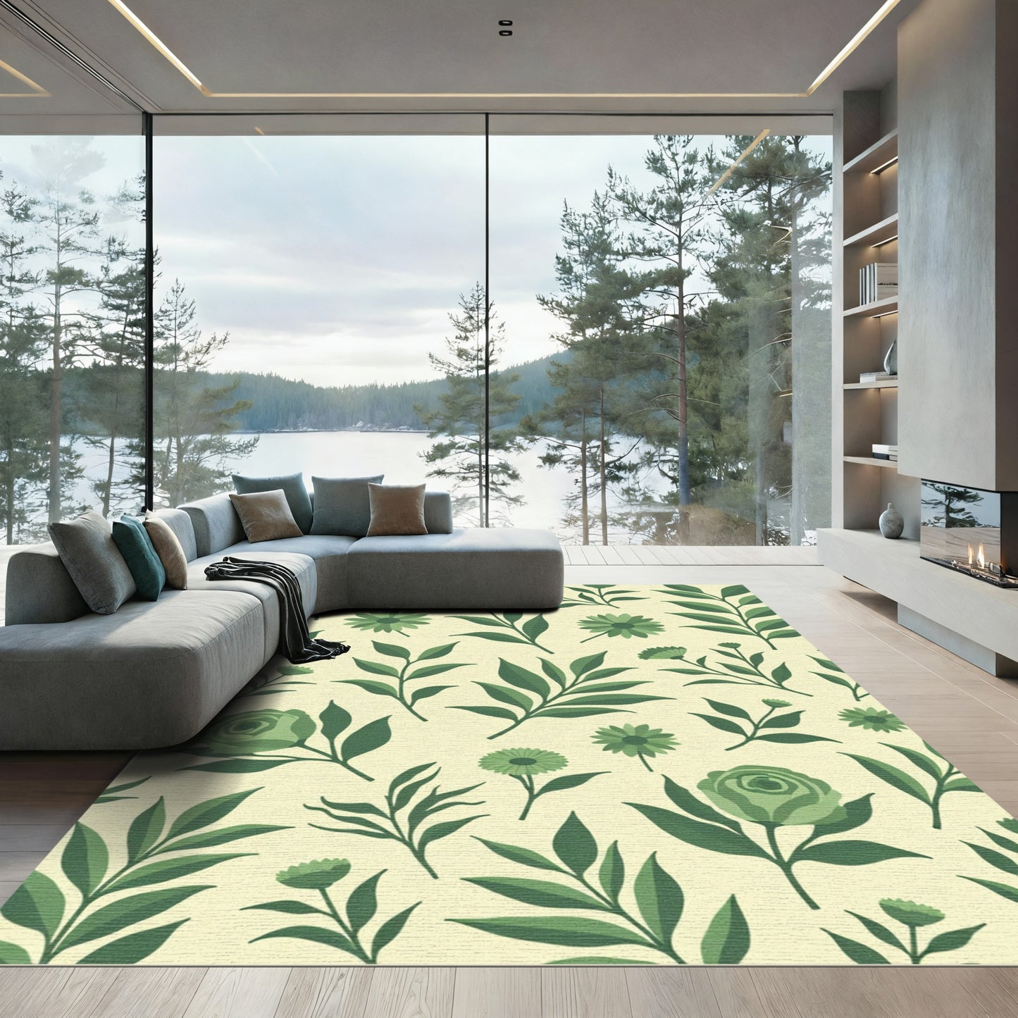 Verdant Green Floral Garden Illustration Rug