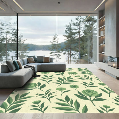 Verdant Green Floral Garden Illustration Rug