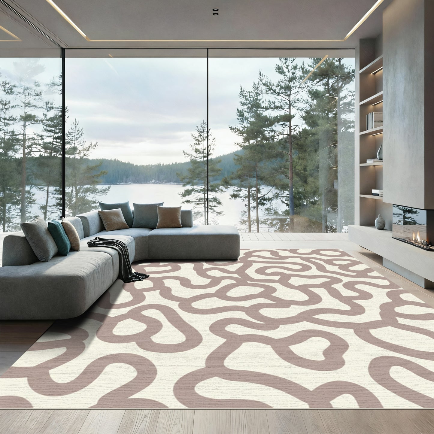 Cream Taupe Abstract Labyrinth Rug
