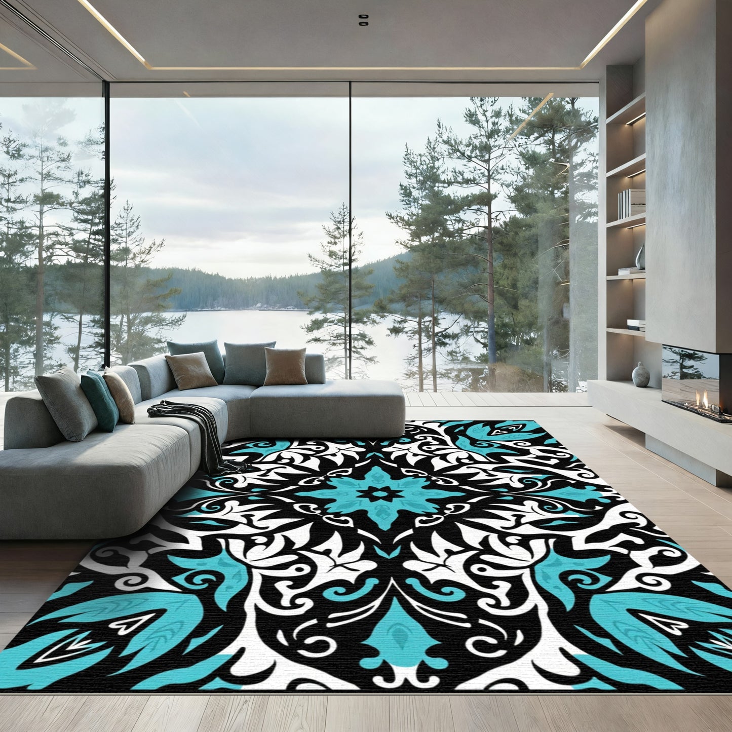 Teal White Black Damask Flourish Rug