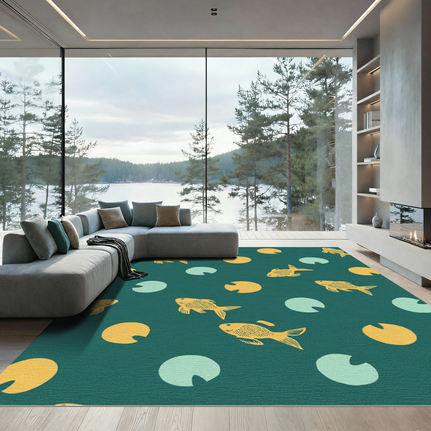 Golden Fish Teal Lily Pads Rug