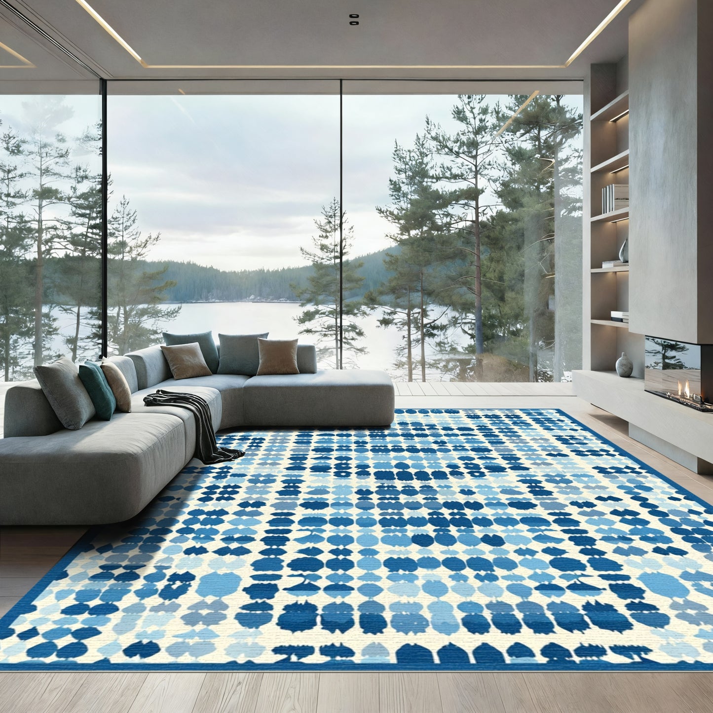 Aqua Blue Blob Grid Composition Rug