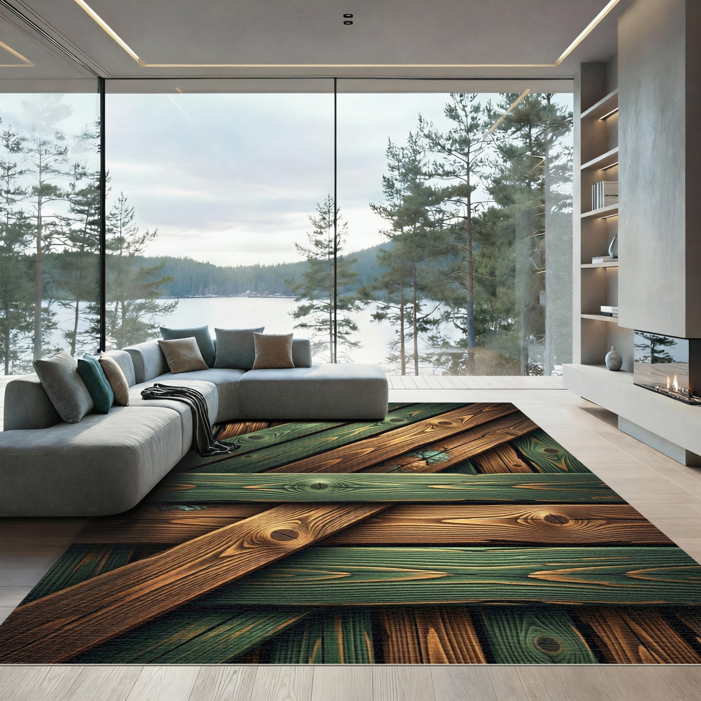 Rustic Green and Brown Wood Plank Rug