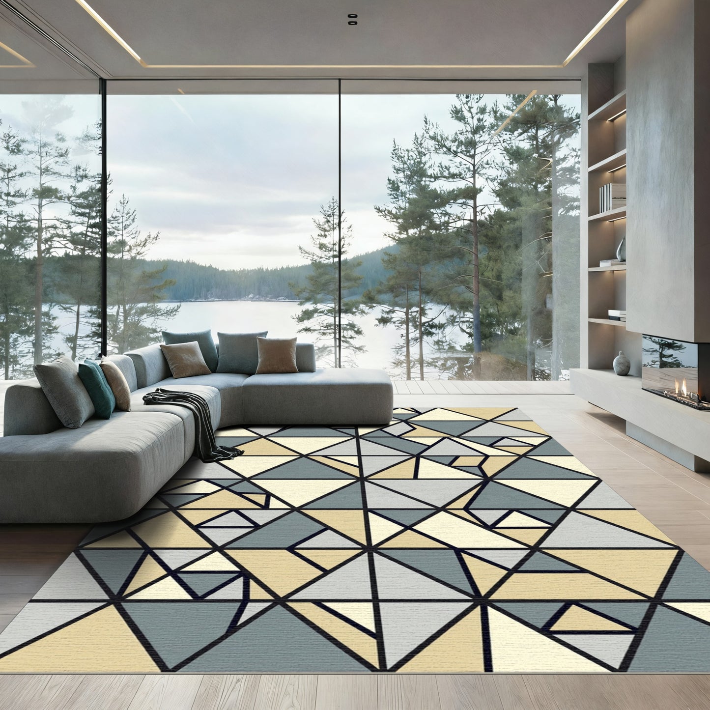 Geometric Gray and Beige Triangle Mosaic Rug