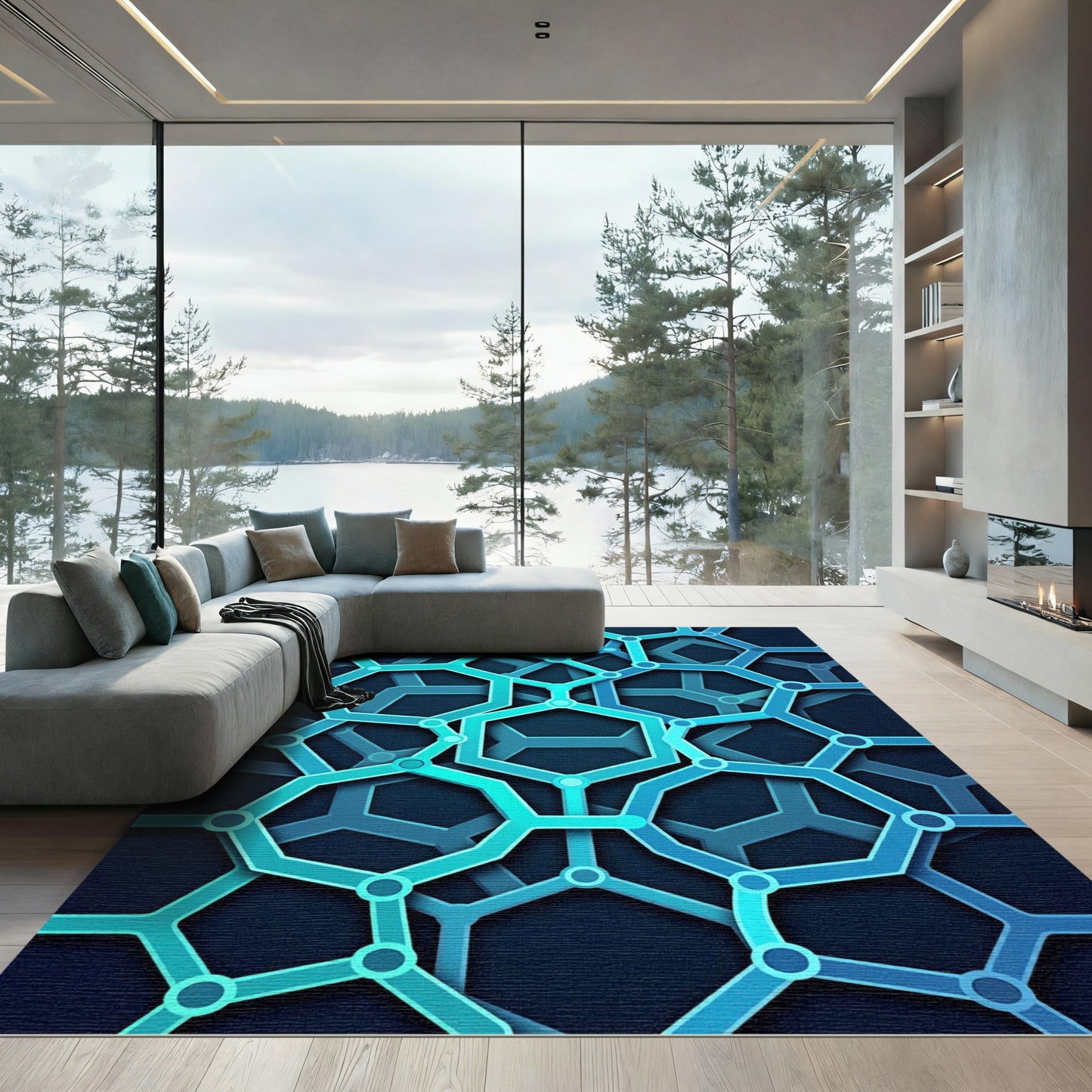 Modern Radiant Azure Interlocking Hexagon Rug