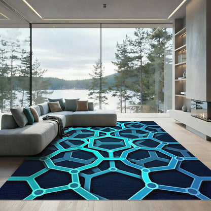 Modern Radiant Azure Interlocking Hexagon Rug