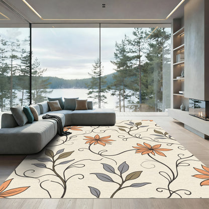 Cream Orange Floral Vine Swirl Rug