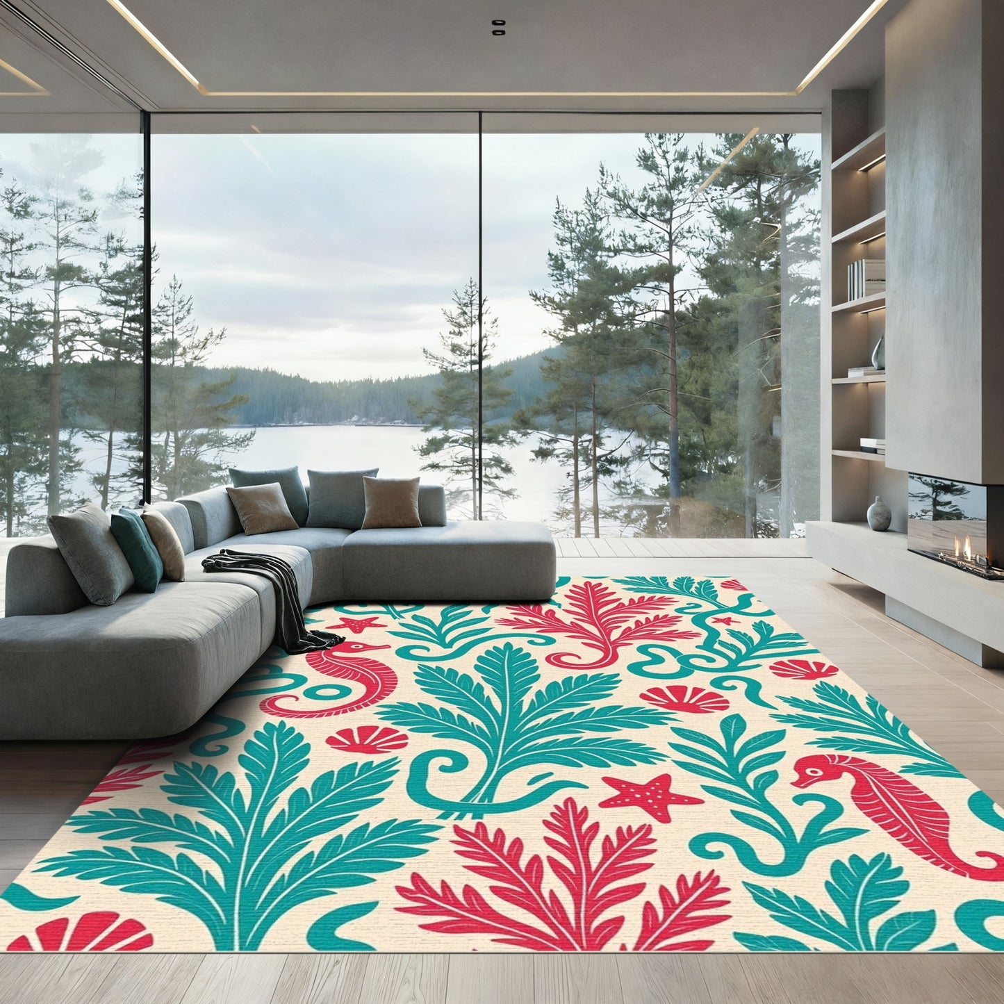 Crimson Teal Seahorse Aquatic Garden Rug
