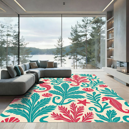 Crimson Teal Seahorse Aquatic Garden Rug