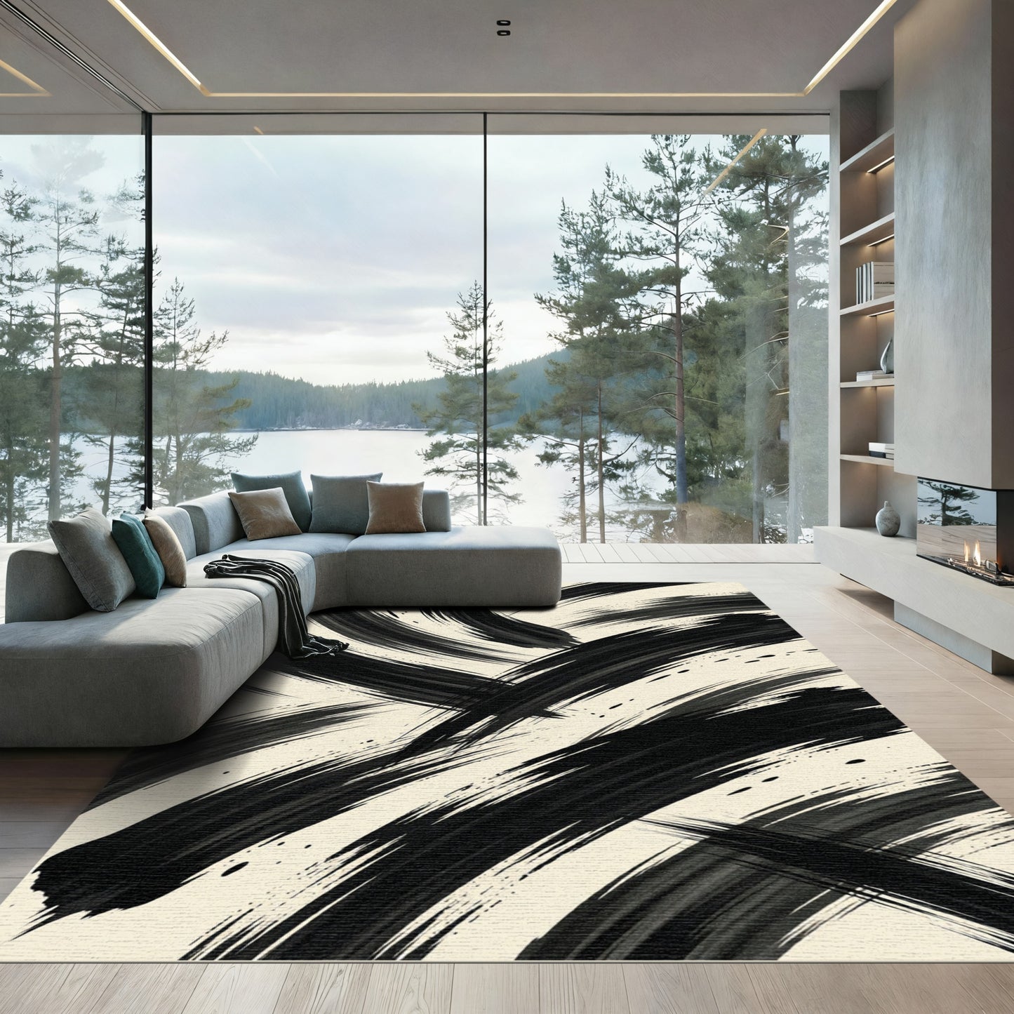 Bold Black Ink Brush Strokes Rug