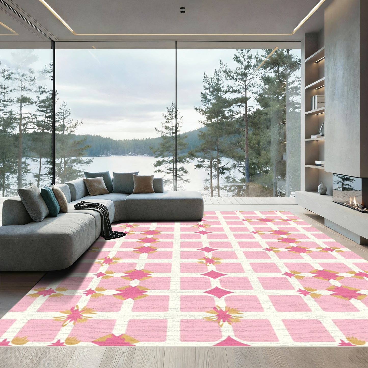 Pink Golden Starburst Grid Rug
