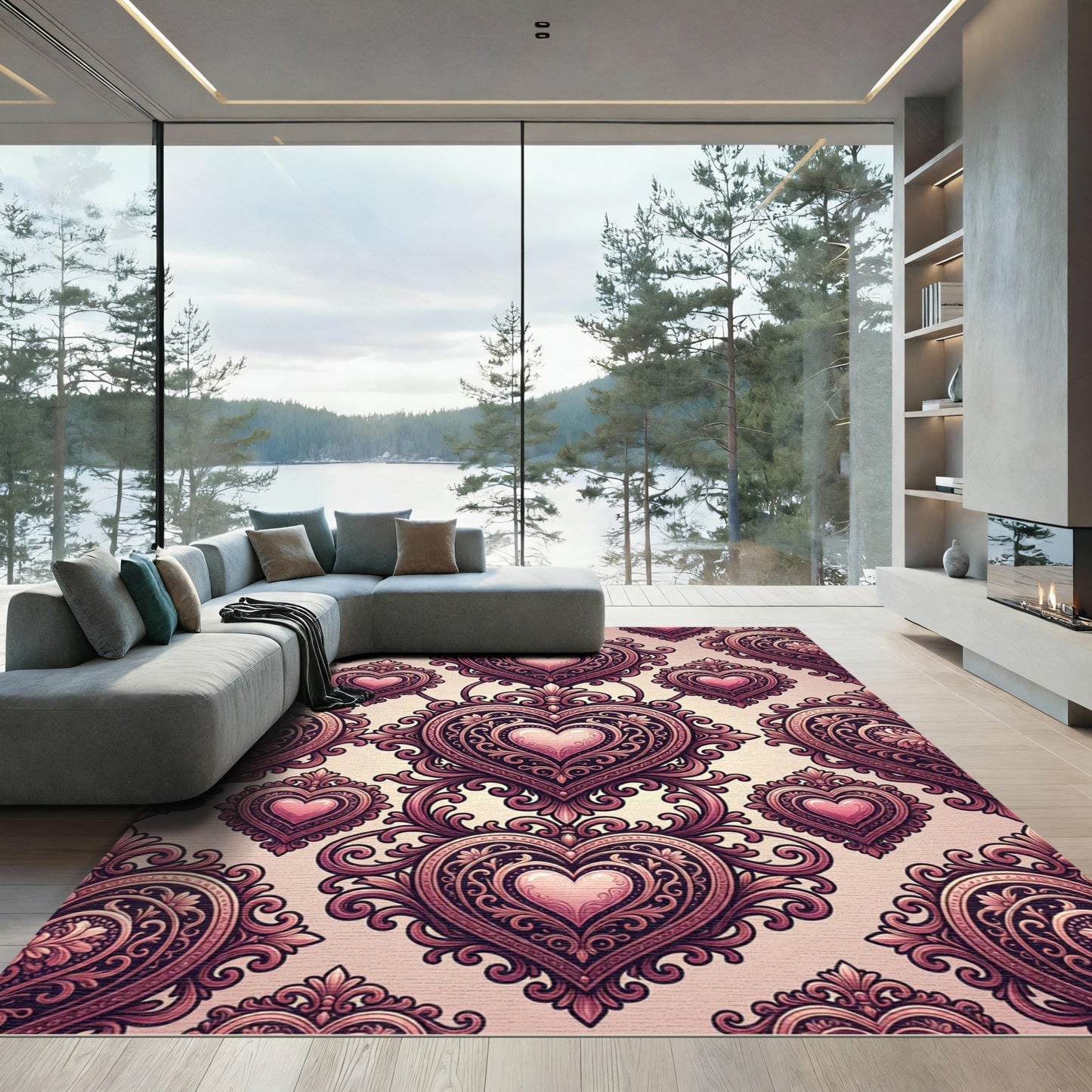 Romantic Pink Heart Medallion Baroque Rug